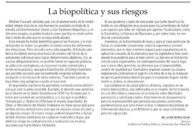 1201 El Mercurio - Columna - La biopolítica y sus riesgos - IPSUSS