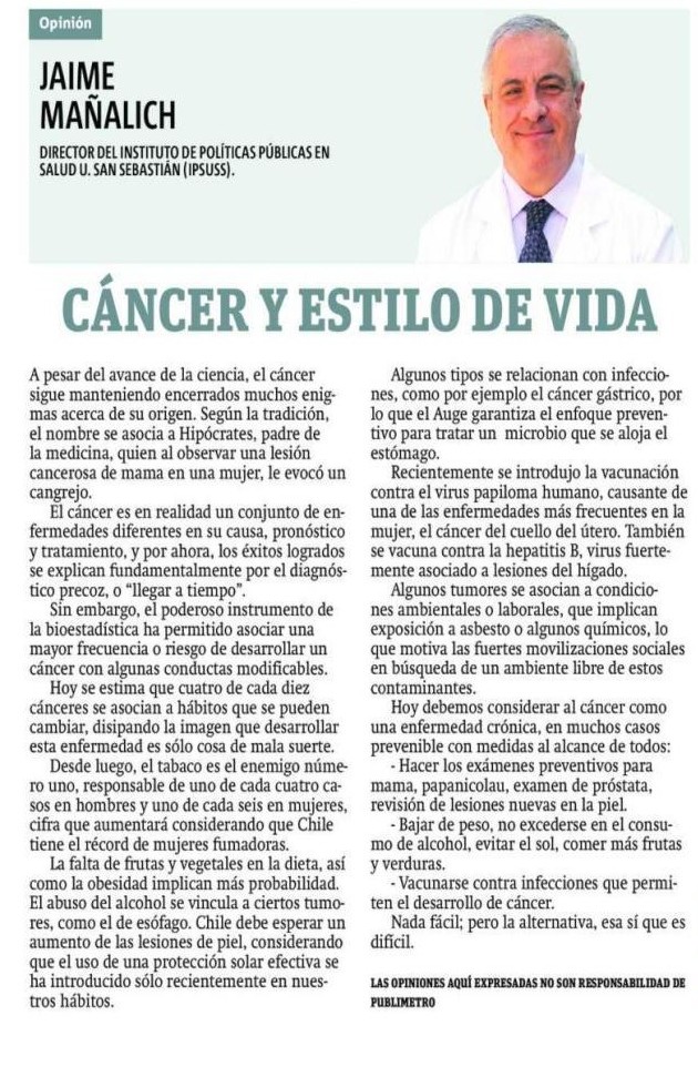 2603 Publimetro - Carta - Cáncer y estilos de vida - IPSUSS