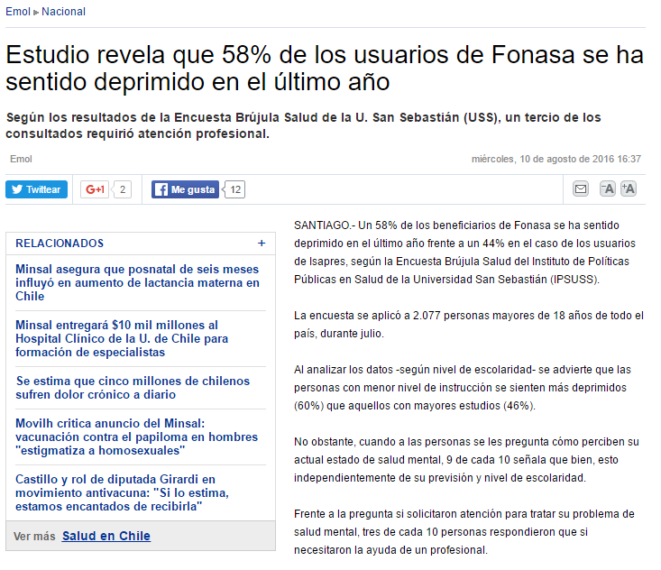 Estudio revela que 58 de los usuarios de Fonasa se ha sentido deprimido en el ultimo año_p1